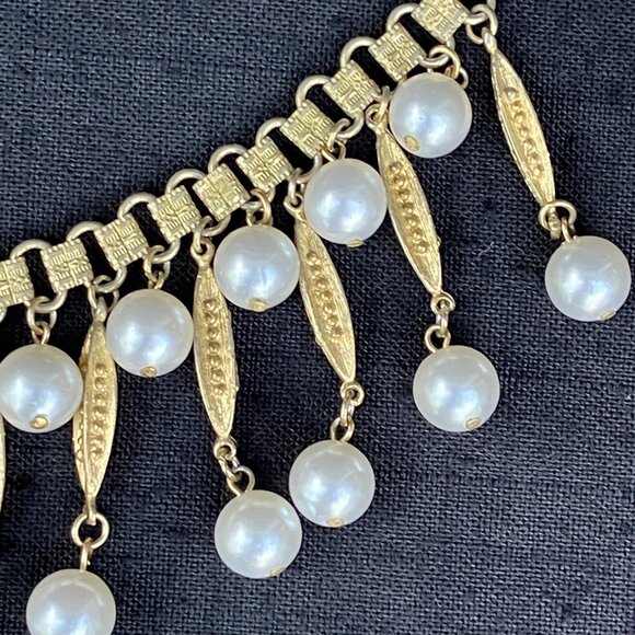 Coro Gold Tone Pearl Drop Waterfall Fringe Bib Necklace - signed - Picture 11 of 15